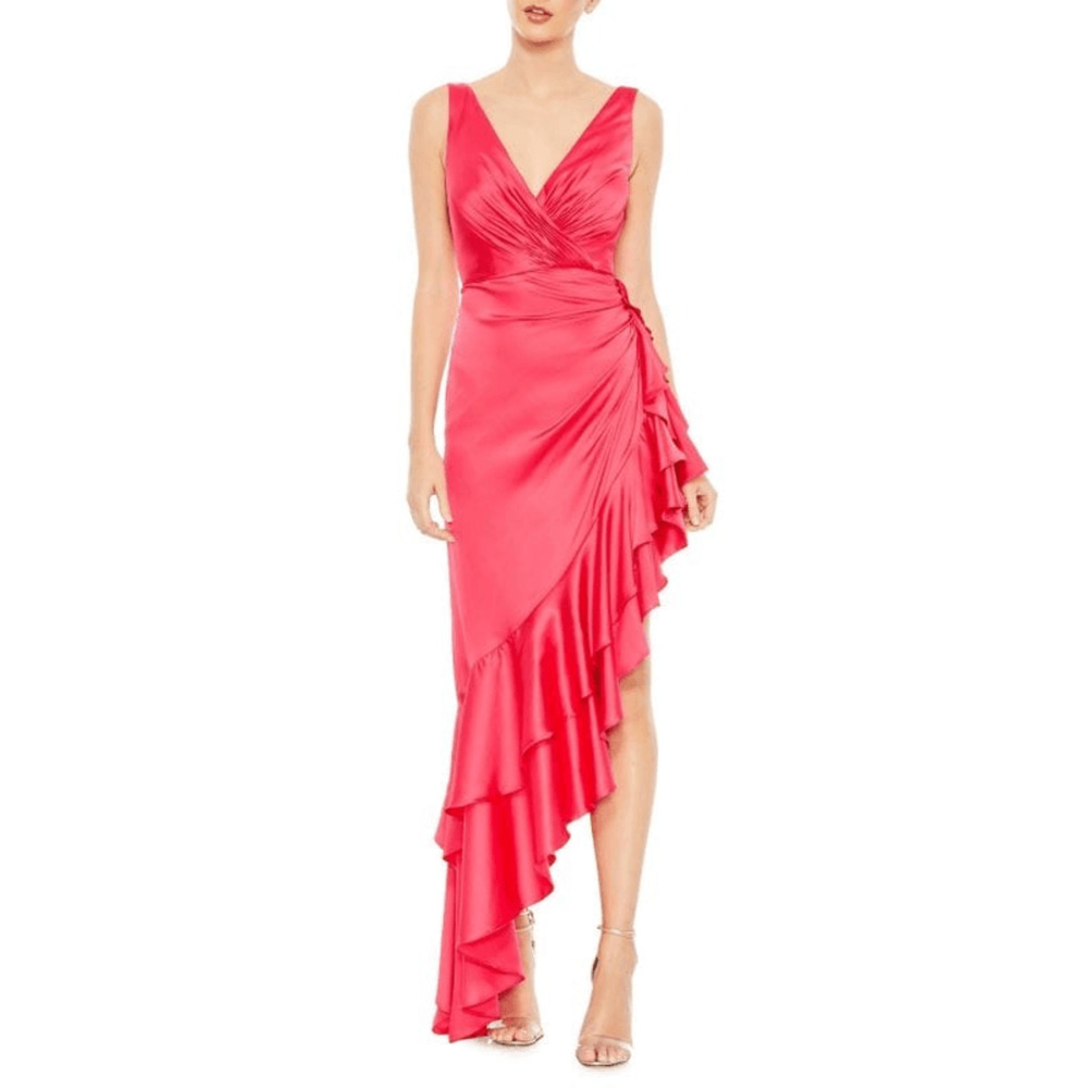 Mac Duggal NWT Asymmetrical Ruffled Hem V-Neck Dress in Hot Pink Size 4